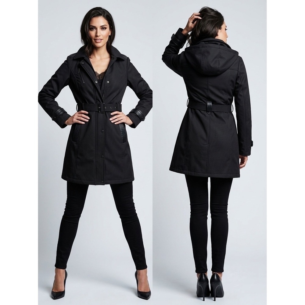 Michael Kors Black Softshell Trench Coat Hooded Belted Faux Leather Trim Large